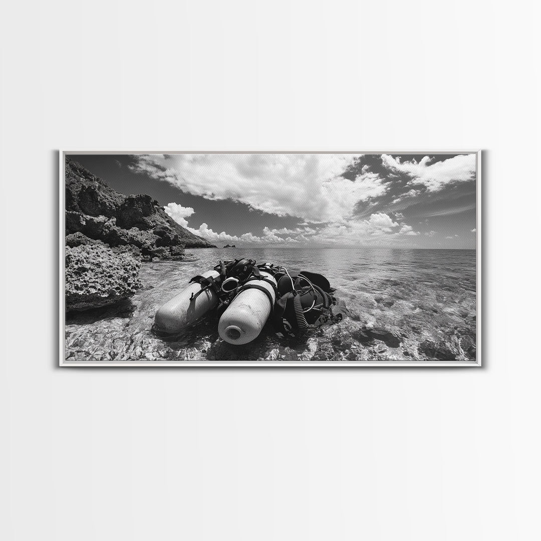 Dive Gear Shoreline, Ocean Exploration Scene, Black and White Adventure Art, Canvas Print, Nautical Decor, Man Cave Wall Art, Nautical Wall Art