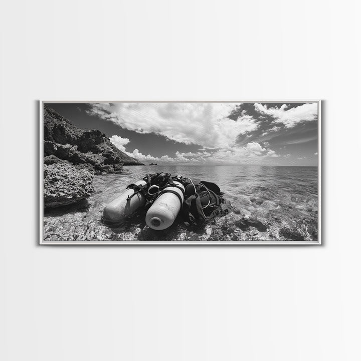 Dive Gear Shoreline, Ocean Exploration Scene, Black and White Adventure Art, Canvas Print, Nautical Decor, Man Cave Wall Art, Nautical Wall Art