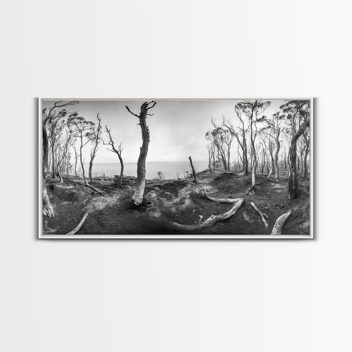 Burnt Forest, Moody Trees, Coastal Landscape, Nature Scene, Framed Canvas Print, Rustic Wall Art, Boho Decor, Fall Home Aesthetic