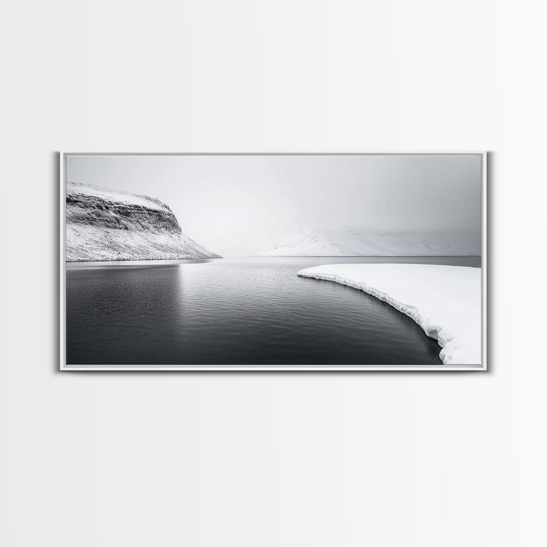 Arctic Coastline Silence, Minimal Snow Scene, Monochrome Nature Landscape, Framed Canvas Print, Scandinavian Wall Art, Office Calm Decor