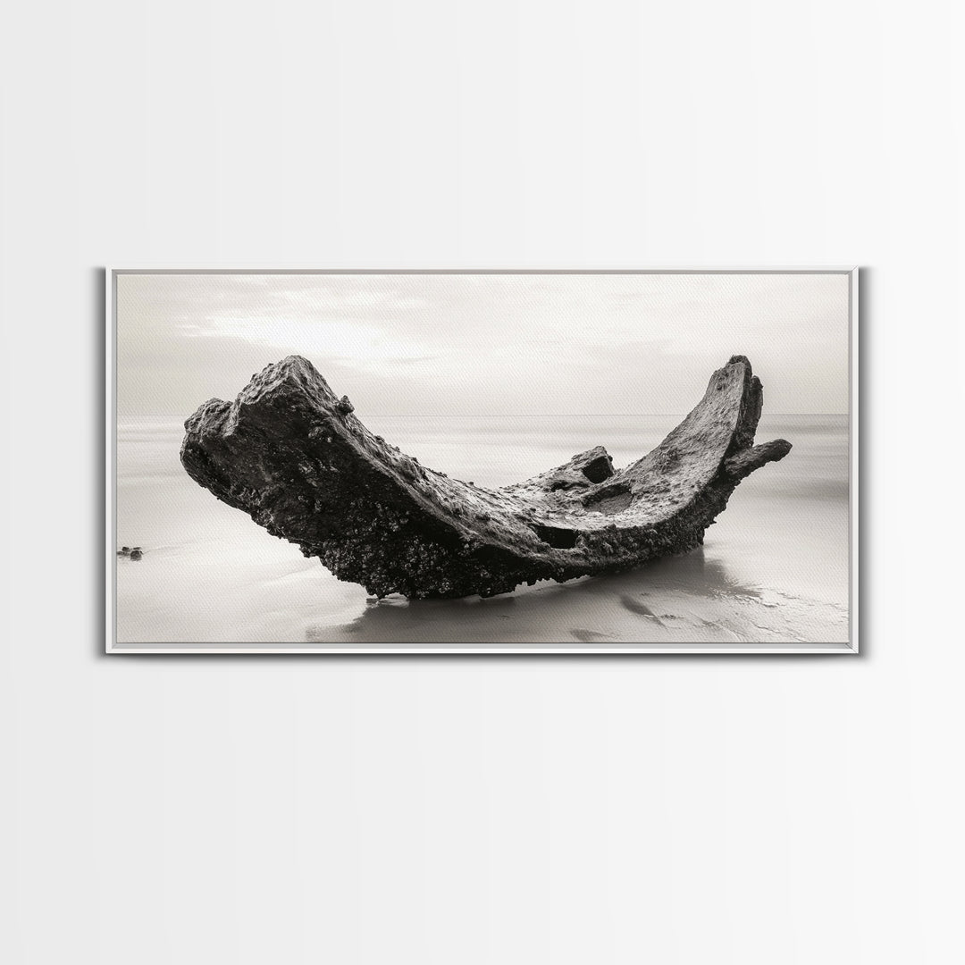 Coastal Shipwreck, Moody Beach, Driftwood Aesthetic, Minimalist Seascape, Canvas Print, Nautical Wall Art, Bathroom Decor, Ocean Art