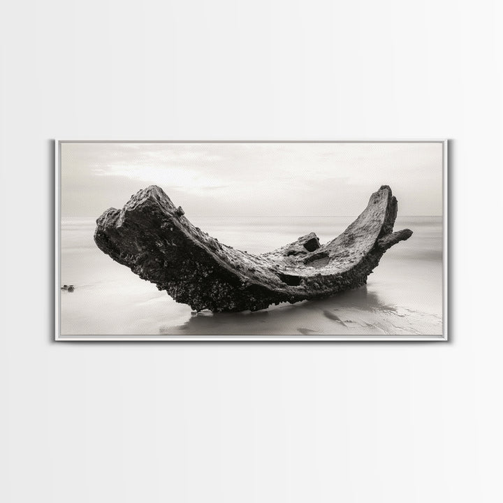 Coastal Shipwreck, Moody Beach, Driftwood Aesthetic, Minimalist Seascape, Canvas Print, Nautical Wall Art, Bathroom Decor, Ocean Art