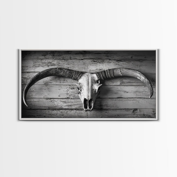 Bull Skull, Rustic Horns, Western Cabin Decor, Weathered Wood, Framed Canvas Print, Farmhouse Wall Art, Cowboy Office Decor, Rustic Wall Art