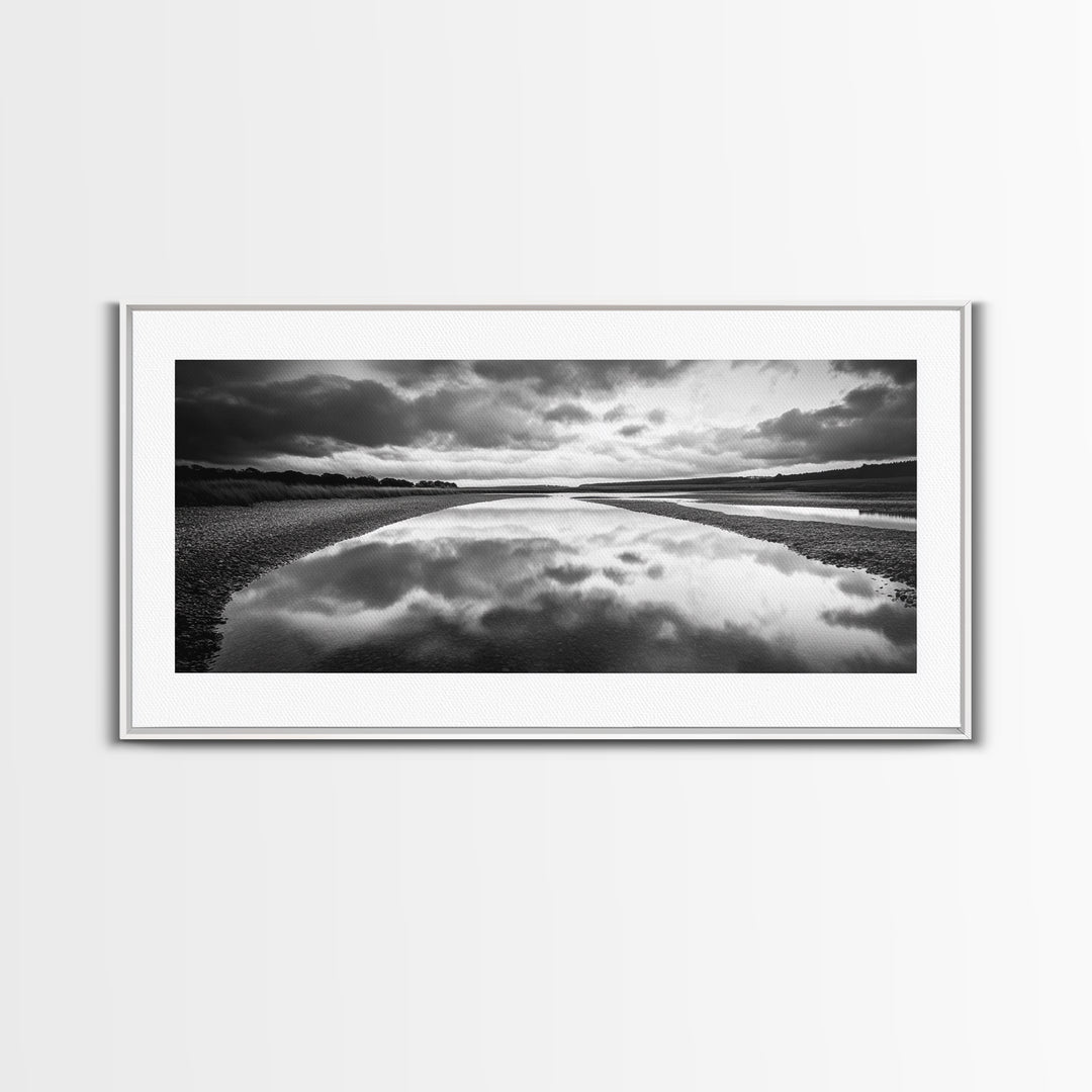 River Reflection, Cloudy Sky, Calm Nature Path, Modern Monochrome, Framed Canvas Print, Bedroom Wall Art, Minimalist Landscape Art