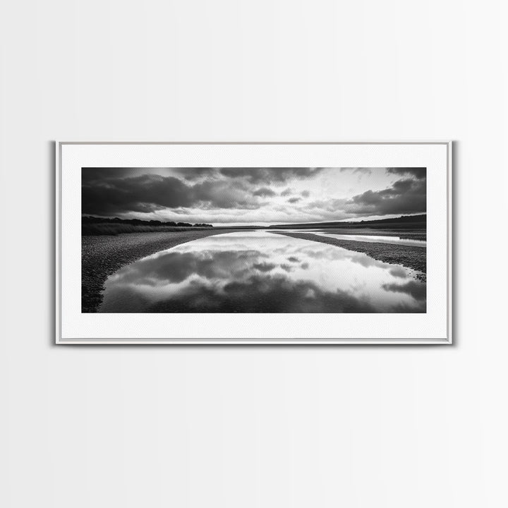River Reflection, Cloudy Sky, Calm Nature Path, Modern Monochrome, Framed Canvas Print, Bedroom Wall Art, Minimalist Landscape Art
