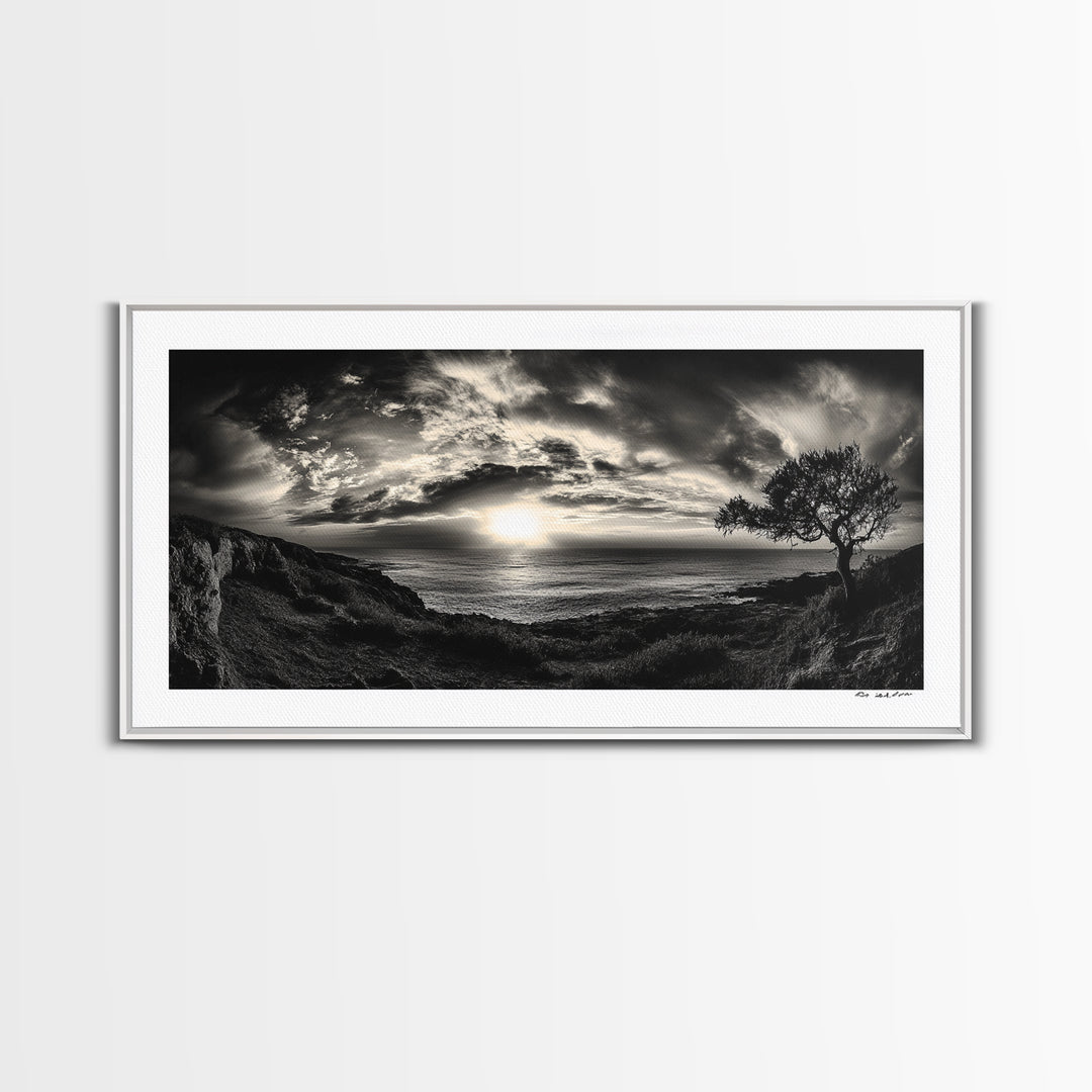 Dramatic Ocean Sunset, Coastal Tree, Monochrome Landscape, Canvas Print, Living Room Wall Art, Surreal Nature View, Oceanview Print