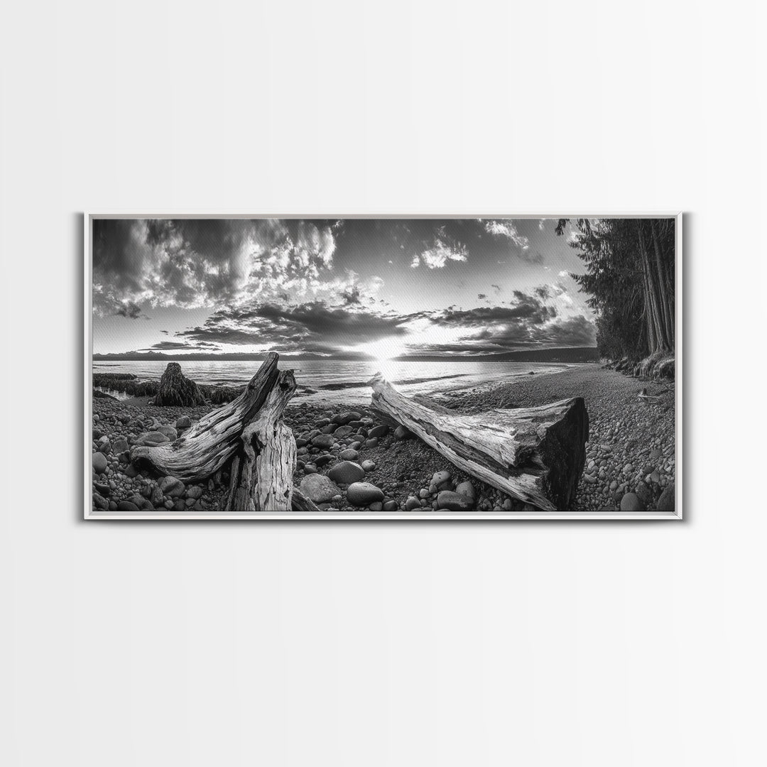 Driftwood Coastline, Rocky Beach Sunset, Nature Wall Art, Framed Canvas Print, Rustic Lake House Decor, Fall Coastal Aesthetic