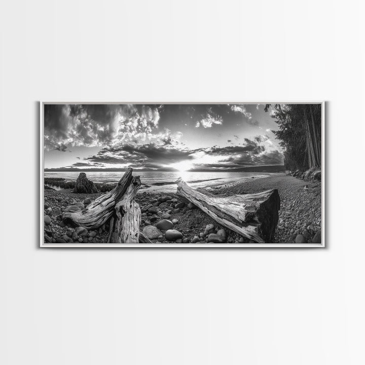 Driftwood Coastline, Rocky Beach Sunset, Nature Wall Art, Framed Canvas Print, Rustic Lake House Decor, Fall Coastal Aesthetic