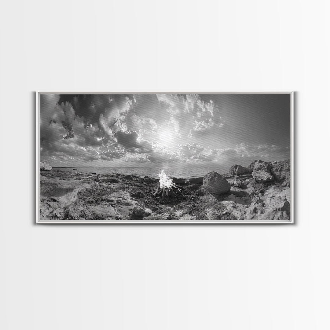 Coastal Campfire, Ocean Sunset, Rocky Shore, Bonfire Glow, Canvas Print, Nature Wall Art, Autumn Cabin Decor, Outdoor Retreat Style