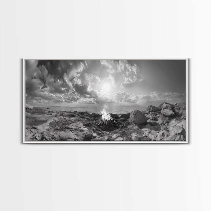 Coastal Campfire, Ocean Sunset, Rocky Shore, Bonfire Glow, Canvas Print, Nature Wall Art, Autumn Cabin Decor, Outdoor Retreat Style