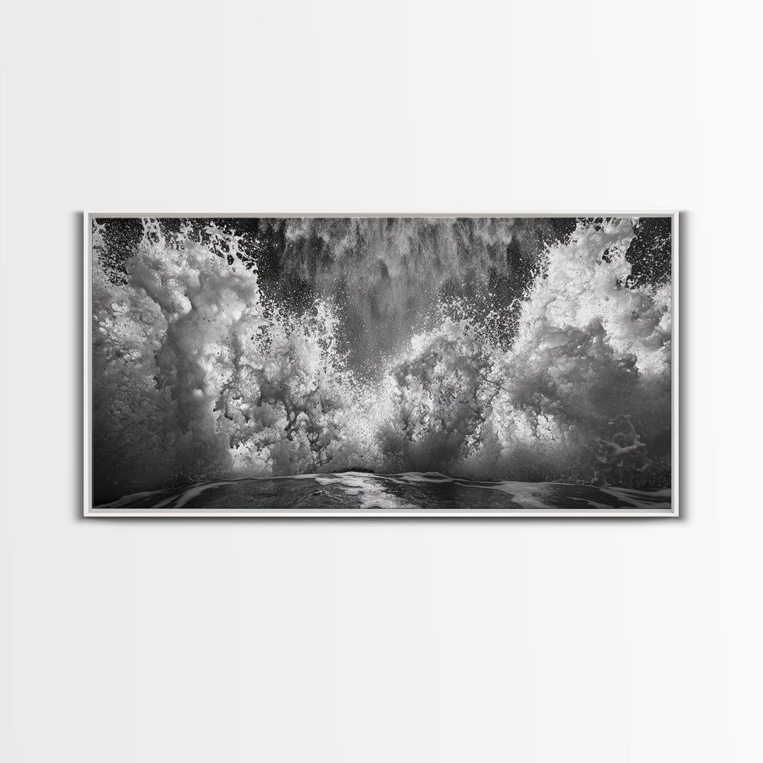 Ocean Splash, Sea Foam, Abstract Water, Coastal Waves, Framed Canvas Print, bathroom wall art, modern ocean photography, moody water art