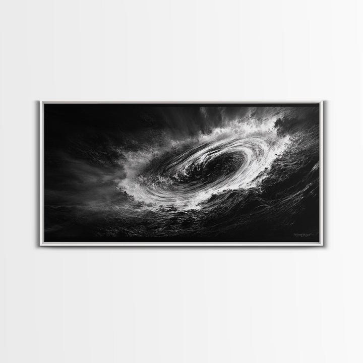 Ocean Vortex, Dramatic Waves, Sea Swirl, Storm Art, Framed Canvas Print, dark abstract art, gaming room decor, black and white power art