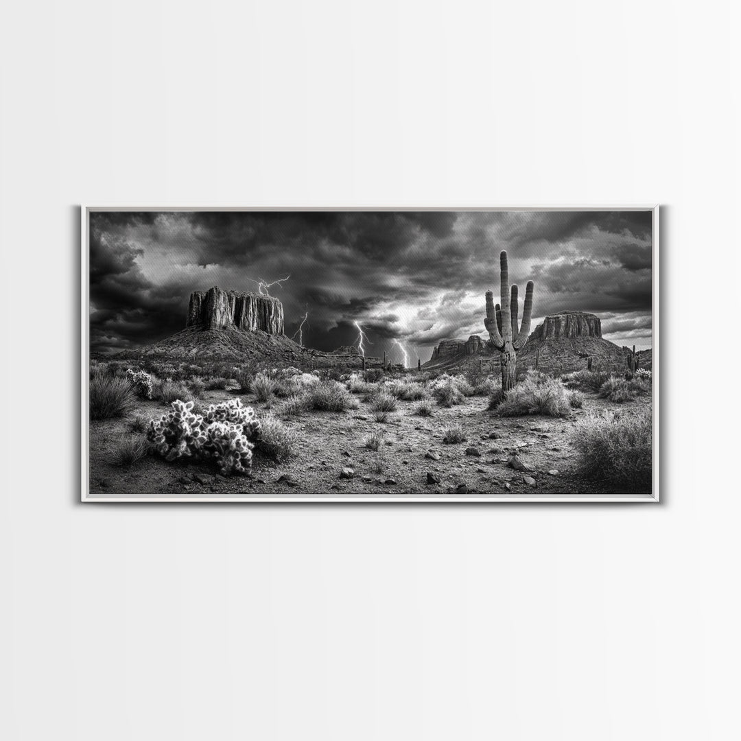 Desert Storm Scene, Lightning Landscape, Southwest Art, Dramatic Skies, Framed Canvas Print, Western Wall Art, Rustic Living Room Decor