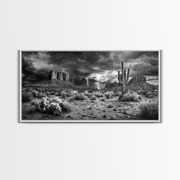 Desert Storm Scene, Lightning Landscape, Southwest Art, Dramatic Skies, Framed Canvas Print, Western Wall Art, Rustic Living Room Decor