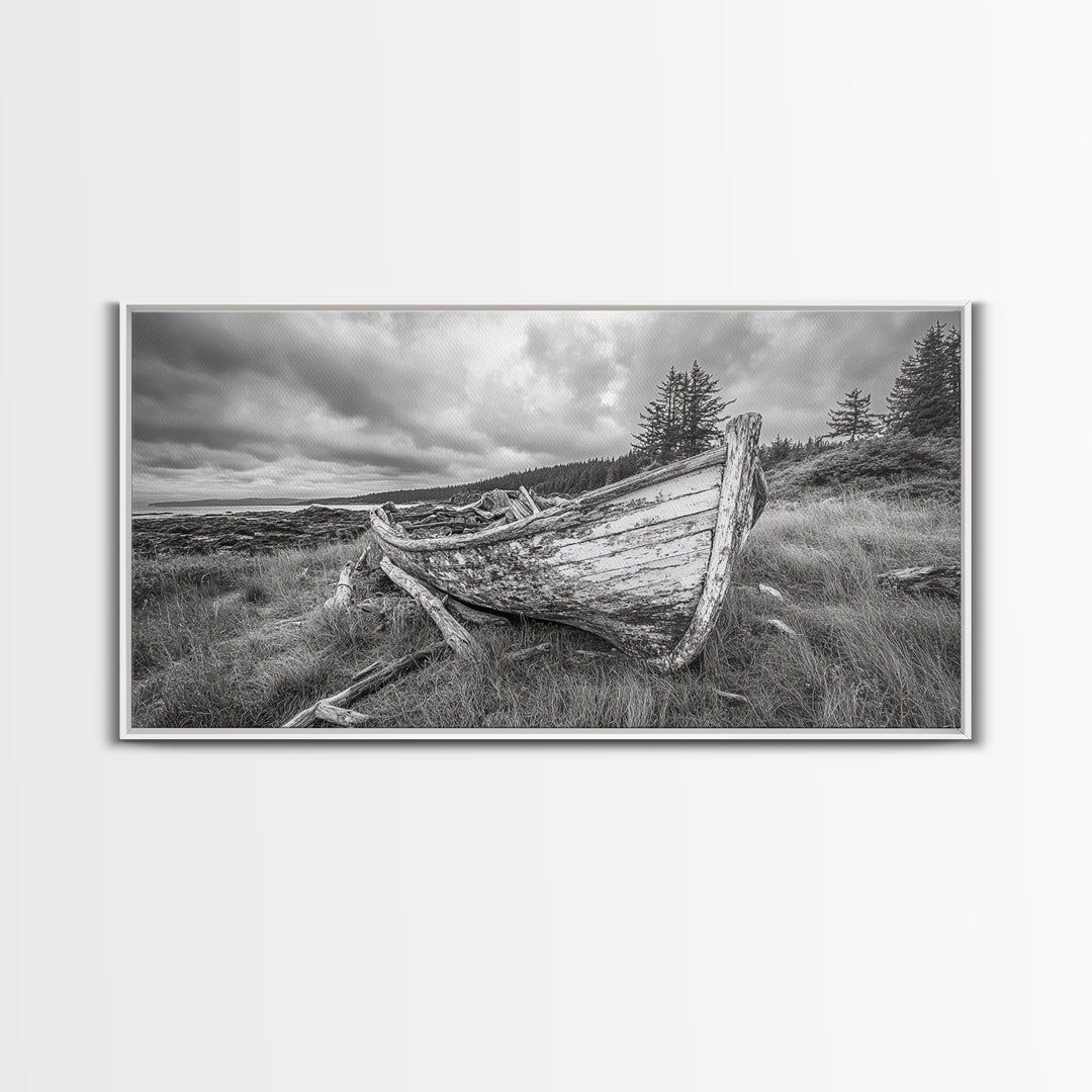 Abandoned Boat, Weathered Vessel, Coastal Forest, Framed Canvas Print, Farmhouse Wall Art, Rustic Cabin Decor, Autumn Vibe, Living Room Art
