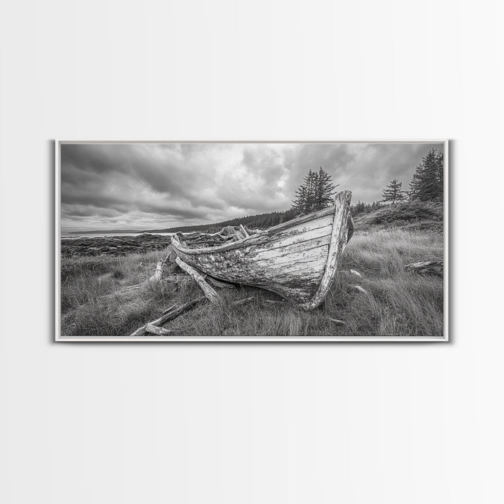 Abandoned Boat, Weathered Vessel, Coastal Forest, Framed Canvas Print, Farmhouse Wall Art, Rustic Cabin Decor, Autumn Vibe, Living Room Art