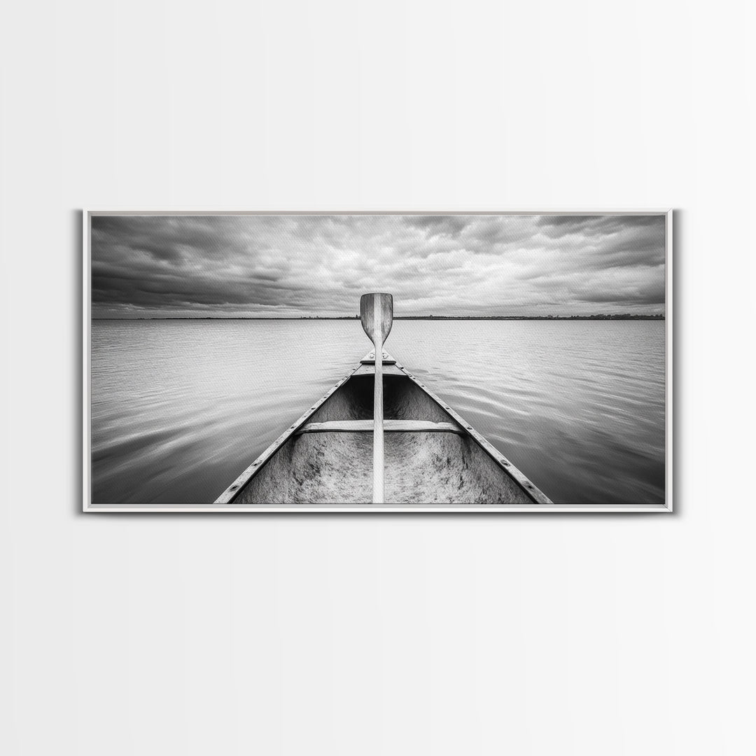 Canoe Lake, Adventure Paddle, Calm Waters, Cloudy Sky, Framed Canvas Print, Minimalist Art, Office Wall Decor, Nature Lover Style