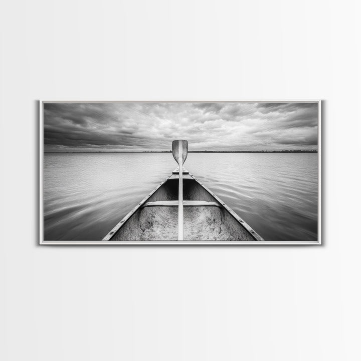 Canoe Lake, Adventure Paddle, Calm Waters, Cloudy Sky, Framed Canvas Print, Minimalist Art, Office Wall Decor, Nature Lover Style