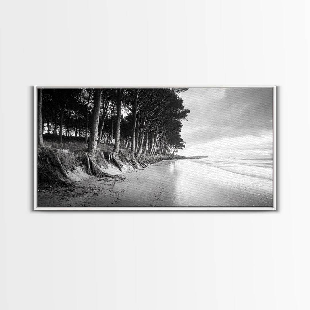 Pine Trees, Sandy Beach, Coastal Serenity, Driftwood Shore, Framed Canvas Print, neutral wall art, coastal rustic style, entryway landscape