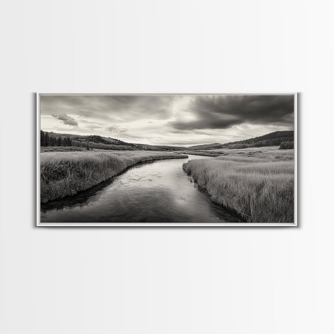 River Valley, Flowing Stream, Grassy Hills, Wilderness Calm, Framed Canvas Print, rustic home decor, Fall art, cabin wall landscape print