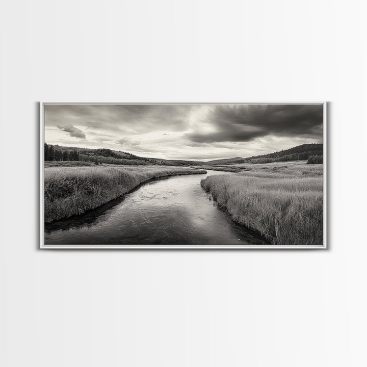 River Valley, Flowing Stream, Grassy Hills, Wilderness Calm, Framed Canvas Print, rustic home decor, Fall art, cabin wall landscape print