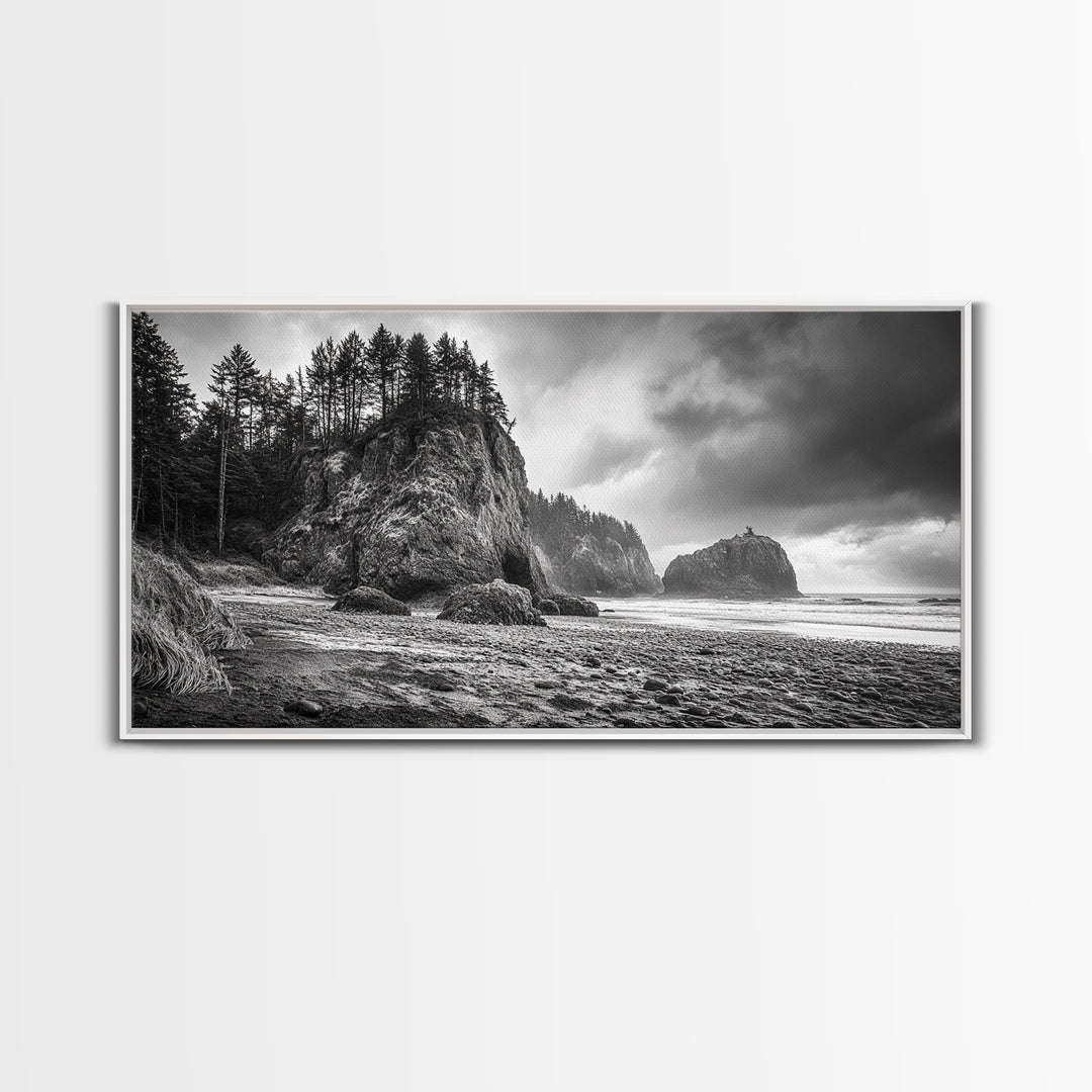 Coastal Rocks, Forest Cliffs, Moody Ocean, Framed Canvas Print, Pacific Northwest Wall Art, Dramatic Seascape, Autumn Nature Photography