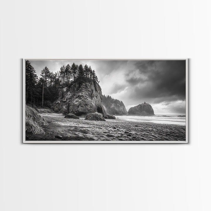 Coastal Rocks, Forest Cliffs, Moody Ocean, Framed Canvas Print, Pacific Northwest Wall Art, Dramatic Seascape, Autumn Nature Photography