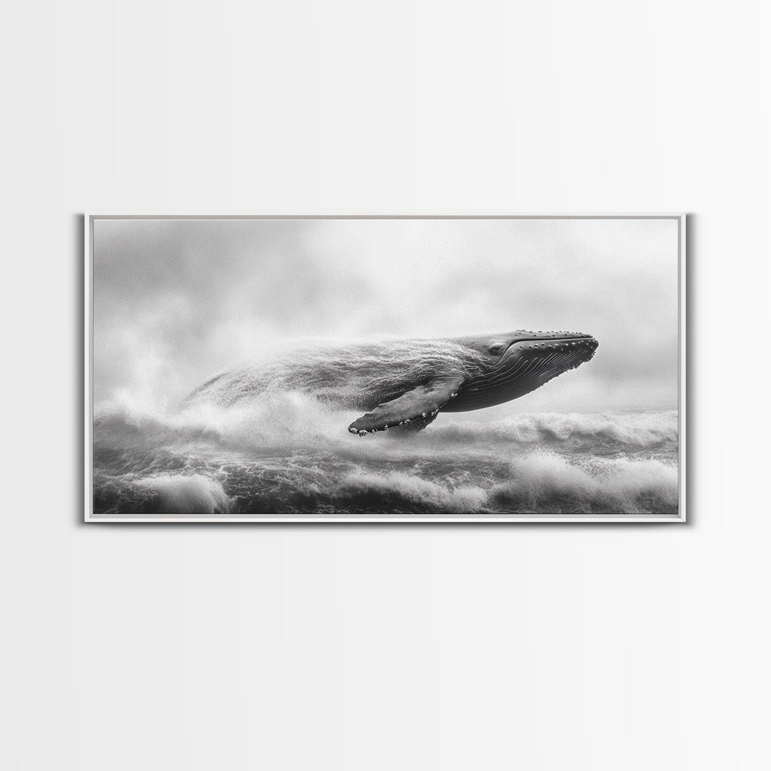 Breaching Whale, Ocean Waves, Marine Power, Framed Canvas Print, Nautical Bathroom Wall Art, Whale Watching Theme, Coastal Photography Art
