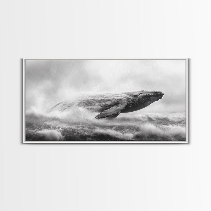 Breaching Whale, Ocean Waves, Marine Power, Framed Canvas Print, Nautical Bathroom Wall Art, Whale Watching Theme, Coastal Photography Art