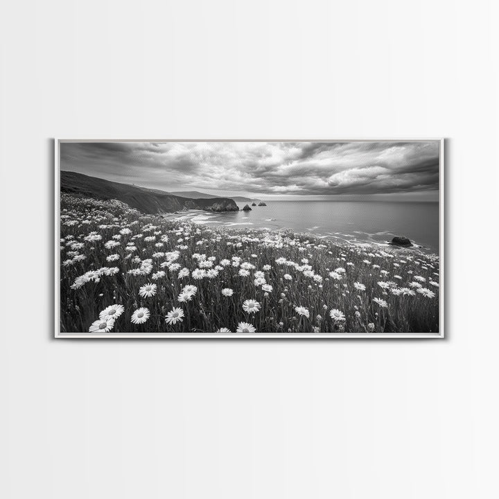 Coastal Flower Field, Ocean Meadow Scene, Seaside Wildflower Landscape, Serene Botanical Print, Living Room Art, Canvas Print