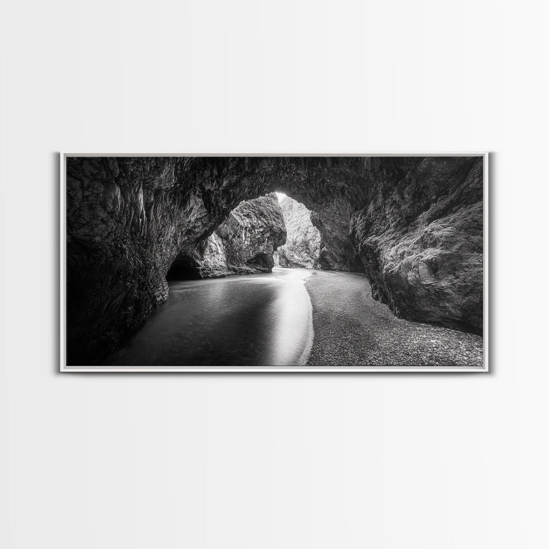 Ocean Cave Flow, Coastal Rock Wall Art, Moody Nature Seascape, Black White Beach Decor, Boho Bathroom Accent, Canvas Print, Monochrome Art