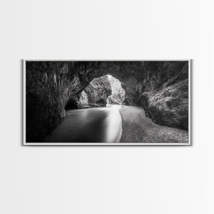 Ocean Cave Flow, Coastal Rock Wall Art, Moody Nature Seascape, Black White Beach Decor, Boho Bathroom Accent, Canvas Print, Monochrome Art