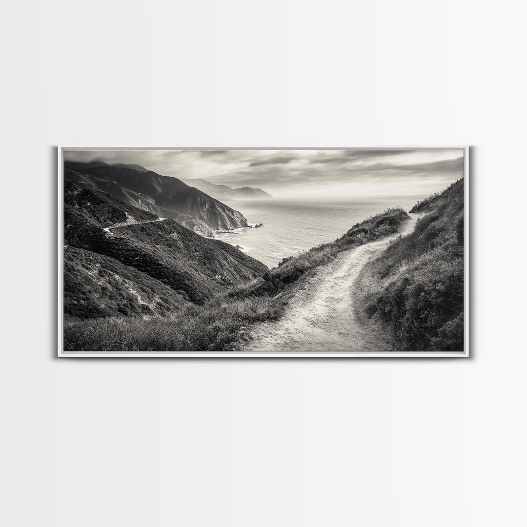 Cliffside Trail Path, Coastal Hiking Print, Rugged Ocean View, Nature Adventure Wall Art, Rustic Modern Decor, Framed Canvas Print