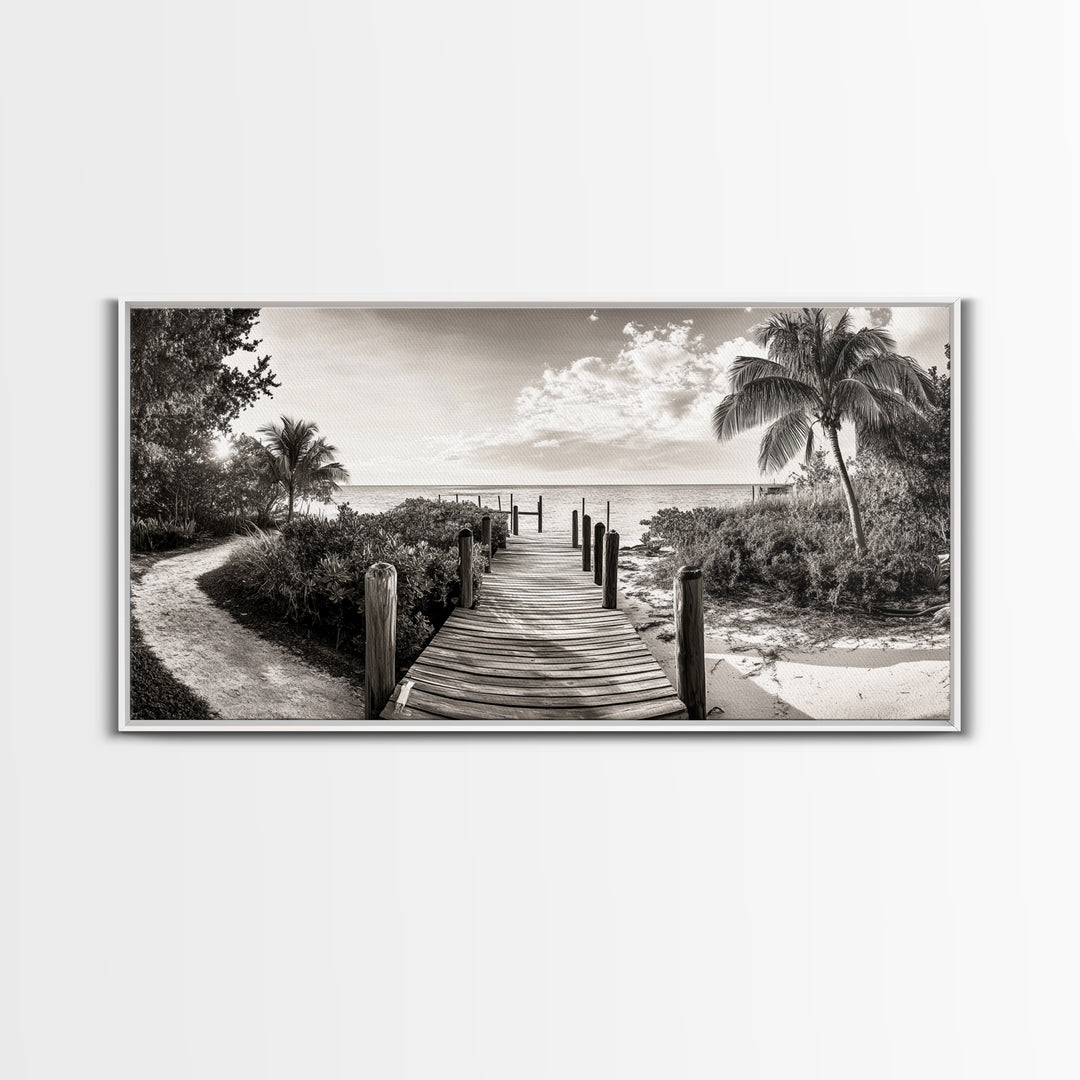 Beach Path, Coastal Dock, Tropical Palms, Canvas Print, Vacation Vibes, Boho Seaside Decor, Bathroom Wall Art, Nautical Island Landscape