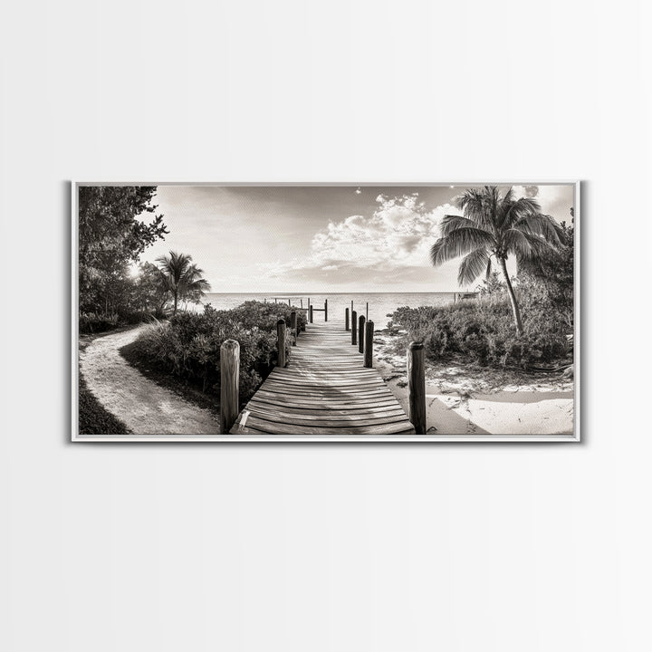 Beach Path, Coastal Dock, Tropical Palms, Canvas Print, Vacation Vibes, Boho Seaside Decor, Bathroom Wall Art, Nautical Island Landscape