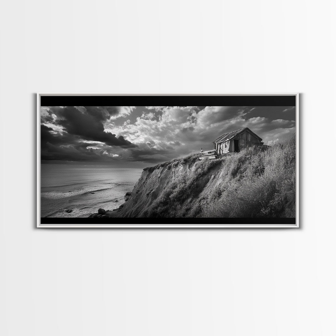 Cliff Cabin, Stormy Coast, Ocean Bluff, Dramatic Skies, Canvas Print, Moody Nature Art, Living Room Accent, Fall Season Decor