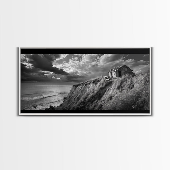 Cliff Cabin, Stormy Coast, Ocean Bluff, Dramatic Skies, Canvas Print, Moody Nature Art, Living Room Accent, Fall Season Decor