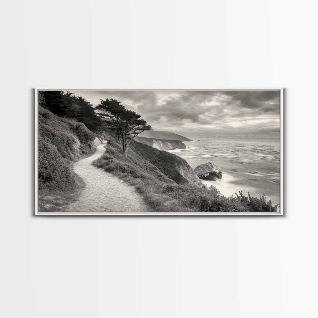 Coastal Path, Nature Trail, Ocean Cliff, Cypress Tree, Framed Canvas Print, Minimalist Wall Art, Living Room Decor, Scenic Landscape
