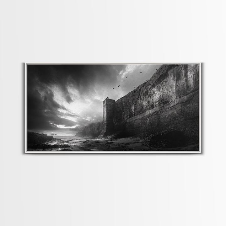 Cliff Lighthouse, Dramatic Sky, Seaside Tower, Ocean Mood, Canvas Print, Gothic Wall Art, Study Decor, Moody Coastal Artwork