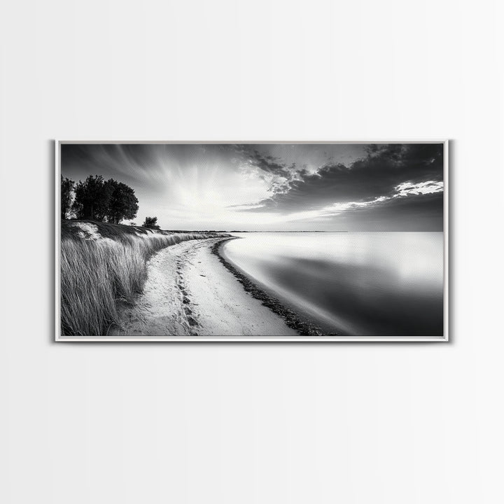 Calm Beach, Grassy Dunes, Serene Shoreline, Peaceful Water, Framed Canvas Print, Minimalist Art, Bedroom Wall Decor, Coastal Calm
