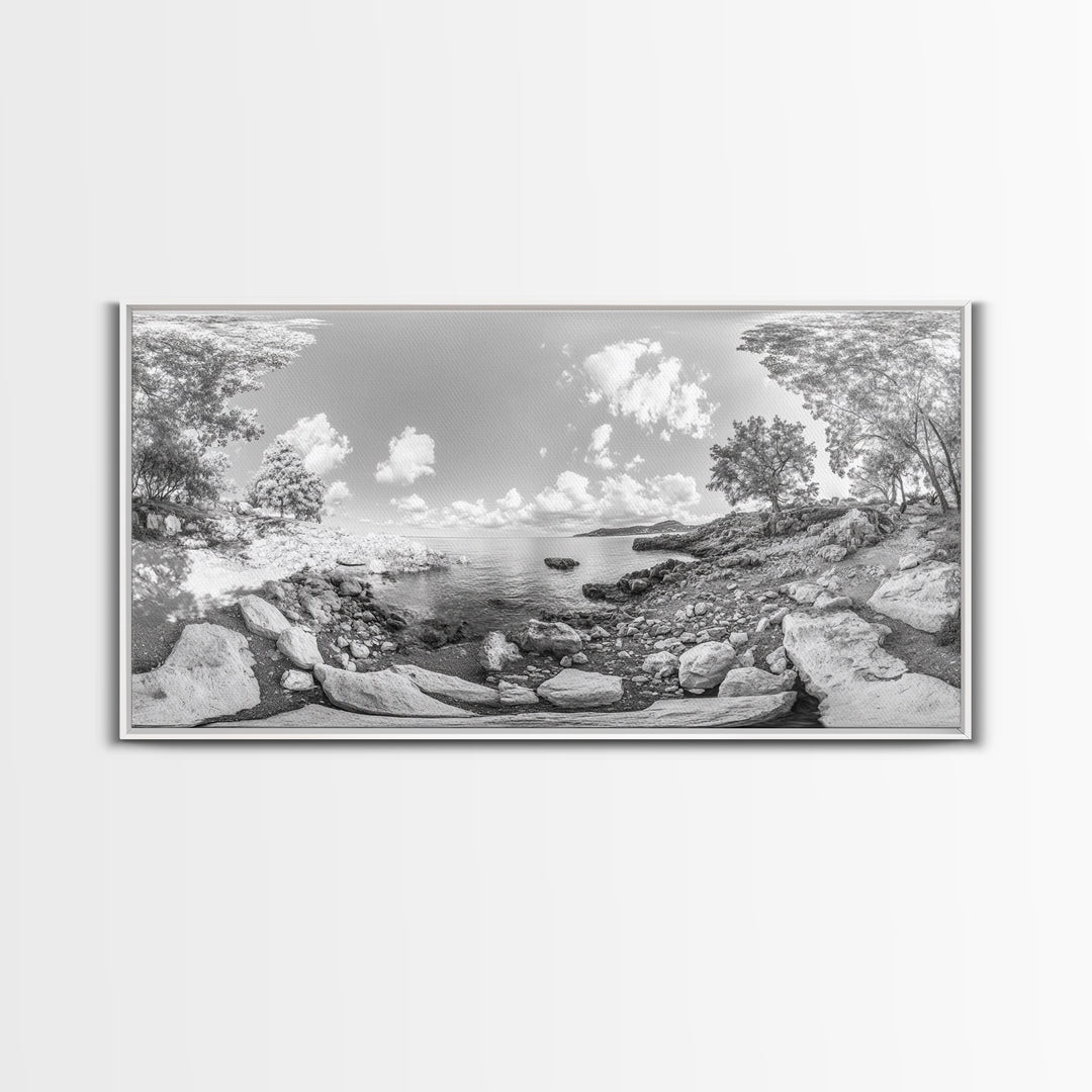Rocky Cove, Tranquil Bay, Forest Edge, Panoramic Beach, Framed Canvas Print, Nature Art, Bathroom Wall Decor, Earthy Coastal View