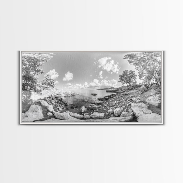 Rocky Cove, Tranquil Bay, Forest Edge, Panoramic Beach, Framed Canvas Print, Nature Art, Bathroom Wall Decor, Earthy Coastal View