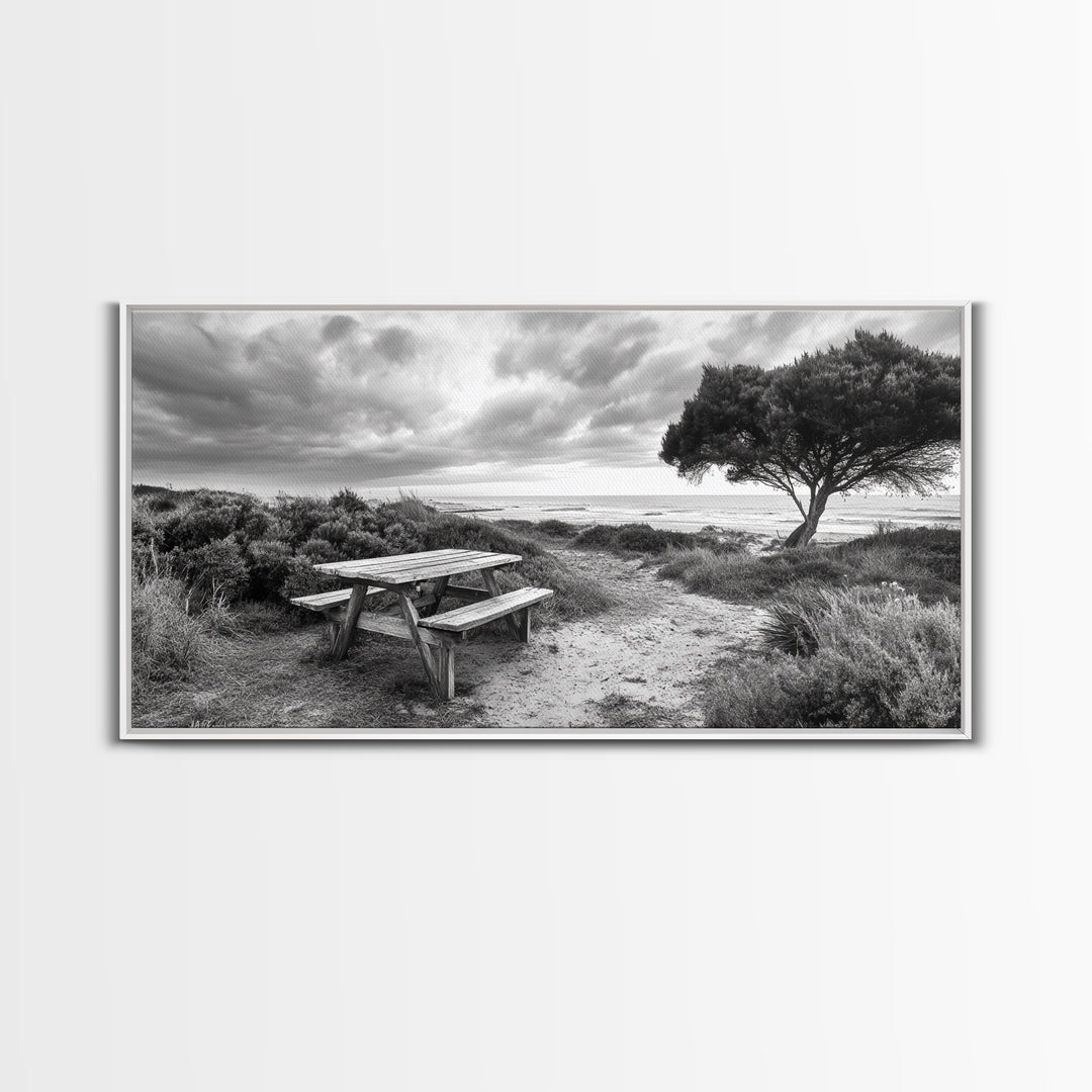 Picnic Table, Ocean Tree, Coastal Path, Windswept Scene, Framed Canvas Print, Rustic Wall Art, Fall Decor, Peaceful Beach Setting