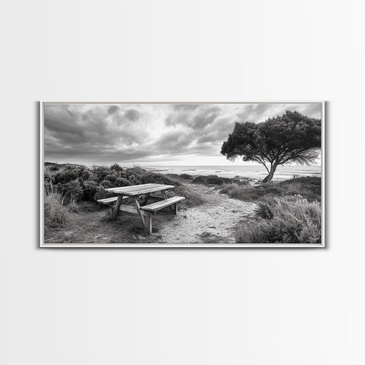 Picnic Table, Ocean Tree, Coastal Path, Windswept Scene, Framed Canvas Print, Rustic Wall Art, Fall Decor, Peaceful Beach Setting