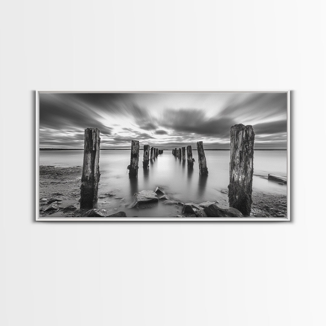 Ocean Pilings, Calm Waters, Cloud Streaks, Sunset Mood, Canvas Print, Minimalist Seascape, Bedroom Wall Art, Serene Beach Decor