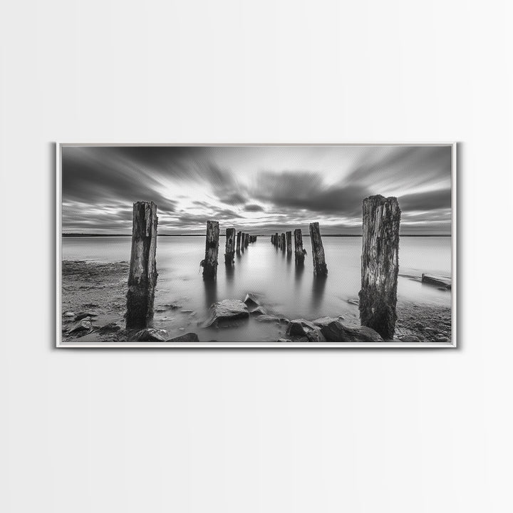 Ocean Pilings, Calm Waters, Cloud Streaks, Sunset Mood, Canvas Print, Minimalist Seascape, Bedroom Wall Art, Serene Beach Decor