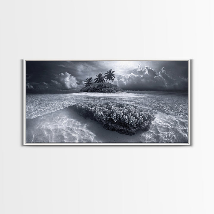 Coral Island, Tropical Ocean, Underwater Reef, Clear Sea, Framed Canvas Print, Beach House Art, Coastal Living Room Decor, Office Wall Decor