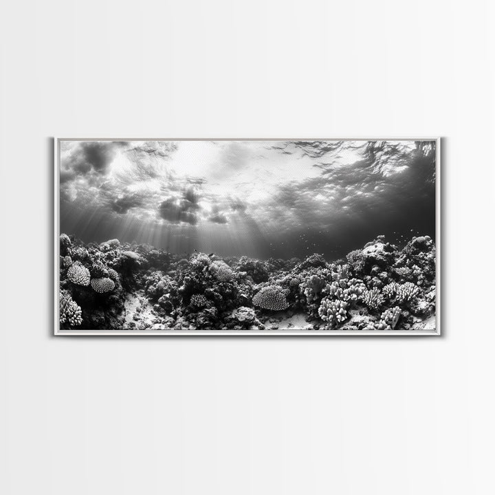 Coral Reef, Ocean Depths, Sunlight Rays, Marine Life, Canvas Print, Minimalist Nature Art, Bathroom Decor, Underwater Scene, Bedroom Wall Art