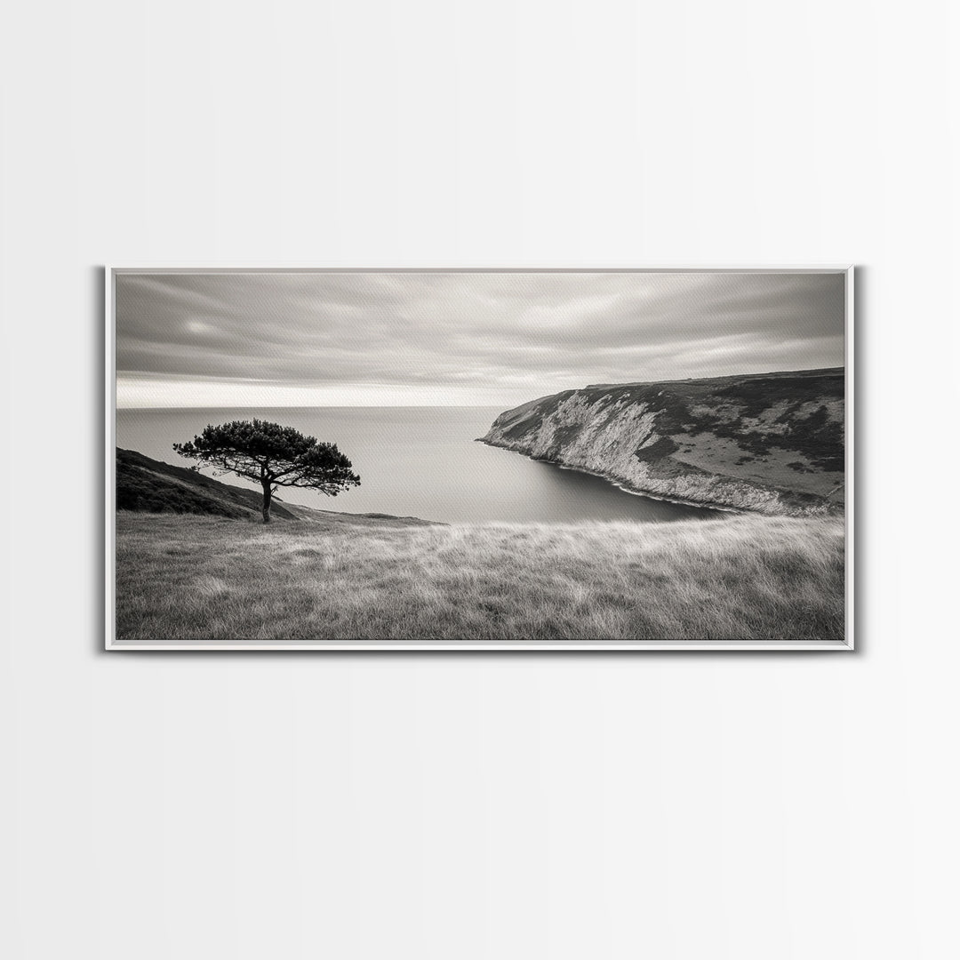 Coastal Cliff View, Solitary Tree Scene, Modern Minimalist Style, Framed Canvas Print, Calm Neutral Wall Art, Living Room Decor