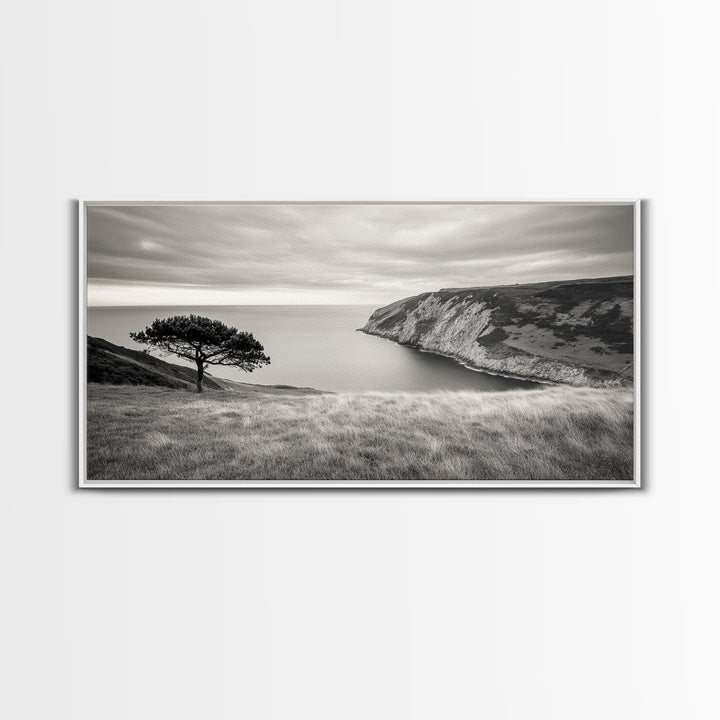 Coastal Cliff View, Solitary Tree Scene, Modern Minimalist Style, Framed Canvas Print, Calm Neutral Wall Art, Living Room Decor